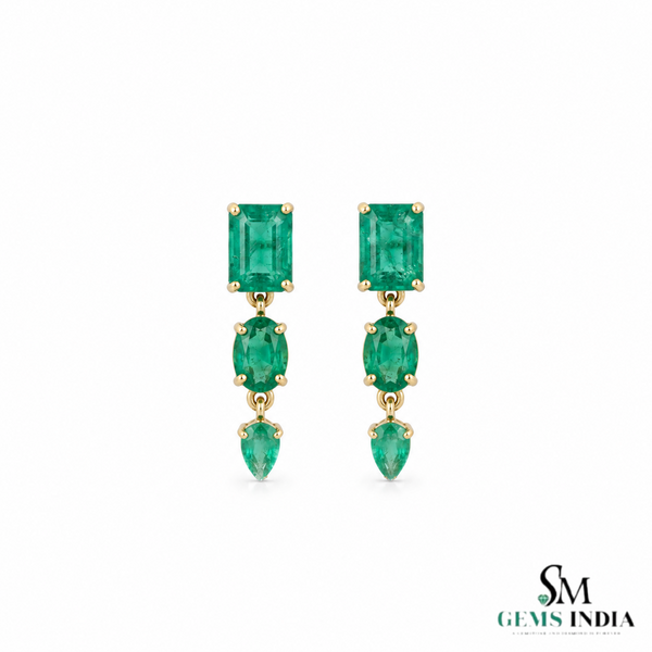 Emerald Cut , Pear Oval Three-Tier Natural Emerald Drop Earrings in 14K Gold