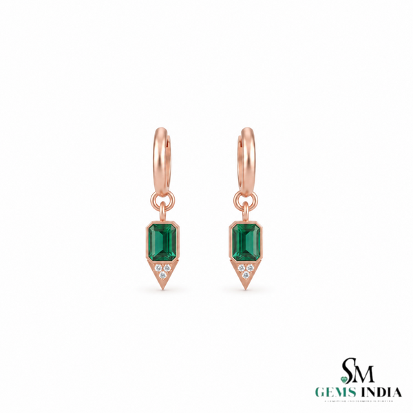 Emerald cut Natural Emerald Green Stone Dangle Earrings Diamond Accent Dangles