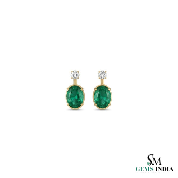2.50 carat Oval shape Natural Emerald and Diamond Stud Earrings in 14k Gold