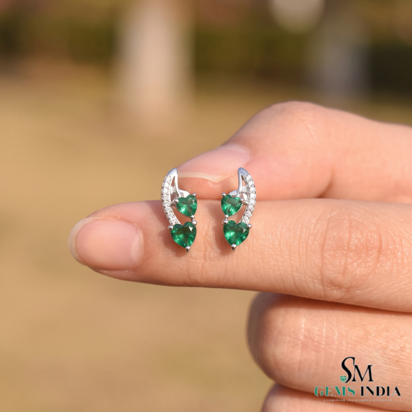 3.50 carat Green Natural Emerald Heart Drop Earrings Sparkling Diamond Curve