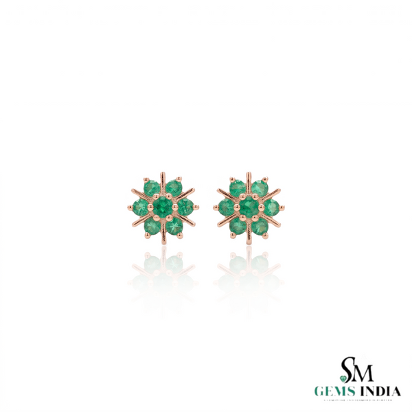Natural Emerald Floral Starburst Stud Earrings in 14K Gold Earrings in 14k Solid Gold