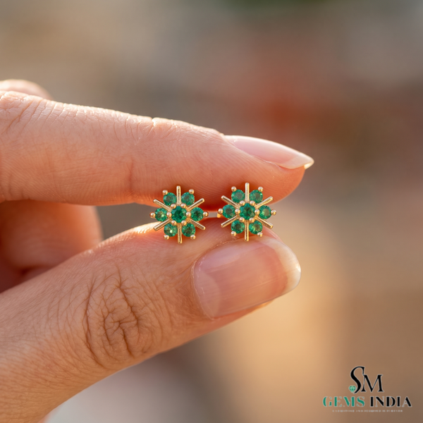 Natural Emerald Floral Starburst Stud Earrings in 14K Gold Earrings in 14k Solid Gold
