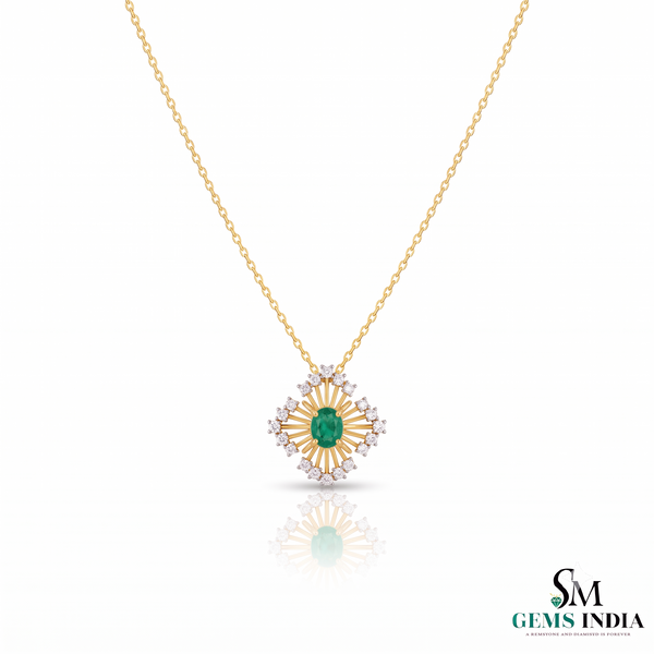 Radiant Oval Natural Emerald & Diamond Sunburst Pendant Diamond Burst Design