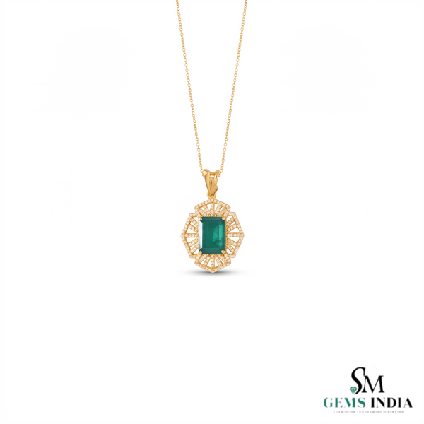 4.90 carat Elegant Art Deco Emerald cut Natural Emerald with Dazzling Diamond Border Pendant