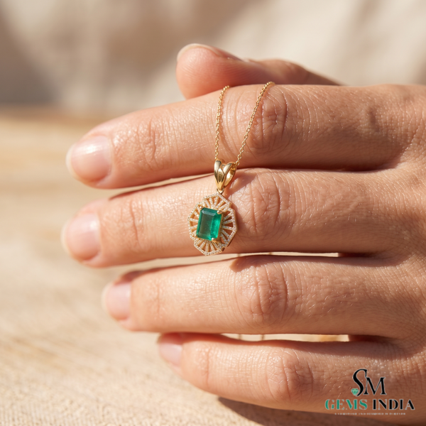 4.90 carat Elegant Art Deco Emerald cut Natural Emerald with Dazzling Diamond Border Pendant