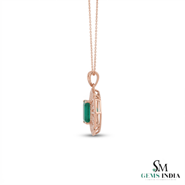 4.90 carat Elegant Art Deco Emerald cut Natural Emerald with Dazzling Diamond Border Pendant