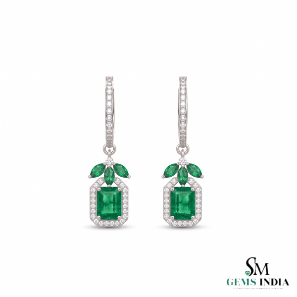Emerald Cut Natural Emerald Halo Dangle Earrings in 14k Gold Diamond Halo Leaf Design Dangle Earrings