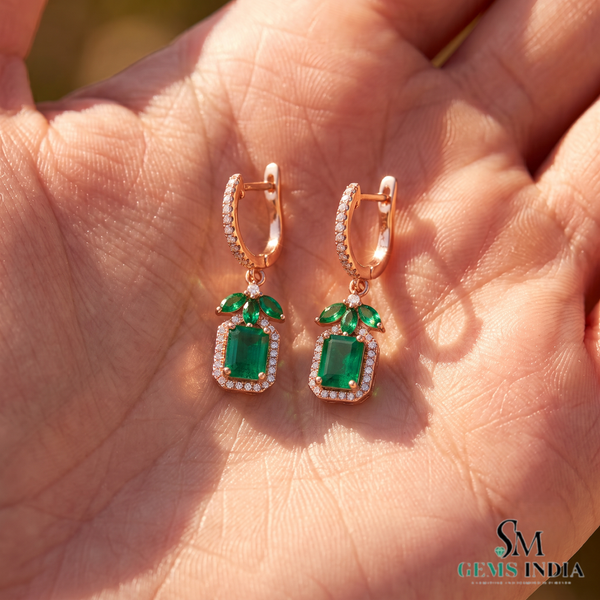 Emerald Cut Natural Emerald Halo Dangle Earrings in 14k Gold Diamond Halo Leaf Design Dangle Earrings