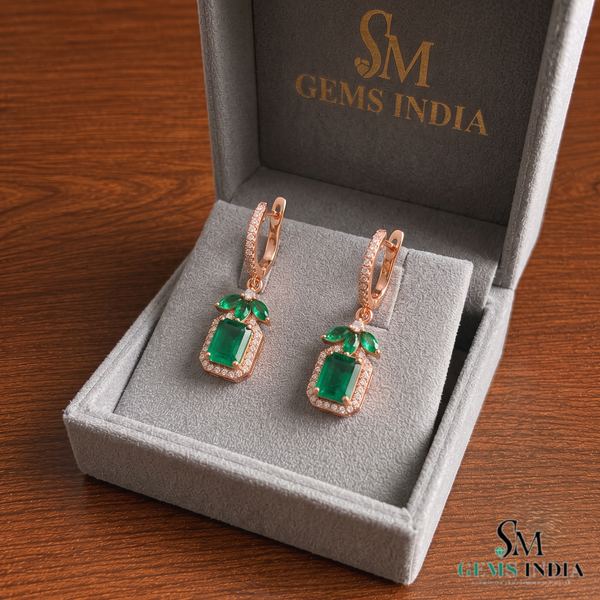 Emerald Cut Natural Emerald Halo Dangle Earrings in 14k Gold Diamond Halo Leaf Design Dangle Earrings