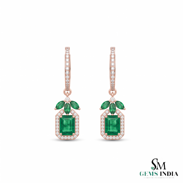 Emerald Cut Natural Emerald Halo Dangle Earrings in 14k Gold Diamond Halo Leaf Design Dangle Earrings