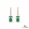 Emerald Cut Natural Emerald Halo Dangle Earrings in 14k Gold Diamond Halo Leaf Design Dangle Earrings