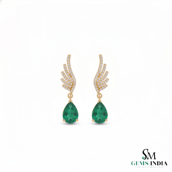 Pear shape Natural Emerald Wing Drop Earrings with Diamond Accents in 14k Gold