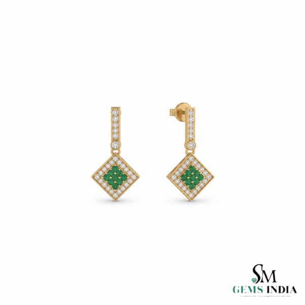 1.10 carat Round Natural Emerald Cluster Earrings with Diamond Halo Gold Contemporary Square Design