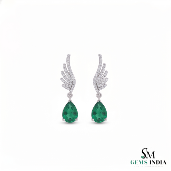 Pear shape Natural Emerald Wing Drop Earrings with Diamond Accents in 14k Gold