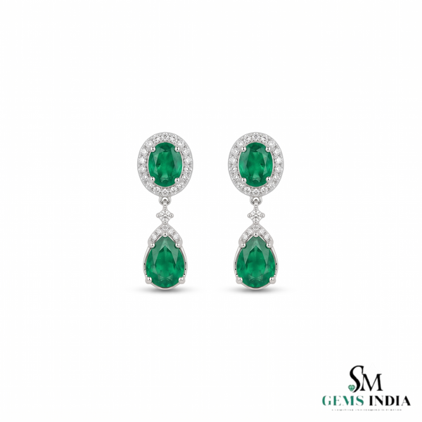 Natural Emerald Diamond Dangle Earrings: 18K Gold Pear Oval Green Gemstone Jewelry