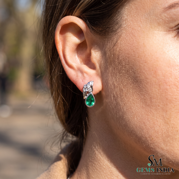 1.80 carat Pear-Shaped Emerald Diamond Cluster Earrings in 14k Gold