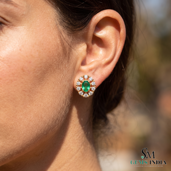 Oval Natural Emerald Stud Earrings 14k Gold Diamond Halo Earrings