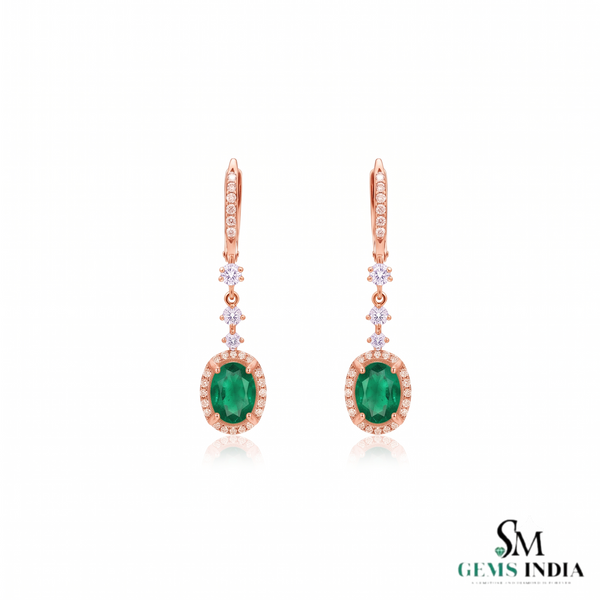 Gold Drop Earrings with Oval Natural Emerald and Diamond Accents Fine Gold Jewelry
