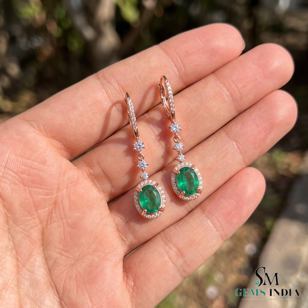 Gold Drop Earrings with Oval Natural Emerald and Diamond Accents Fine Gold Jewelry