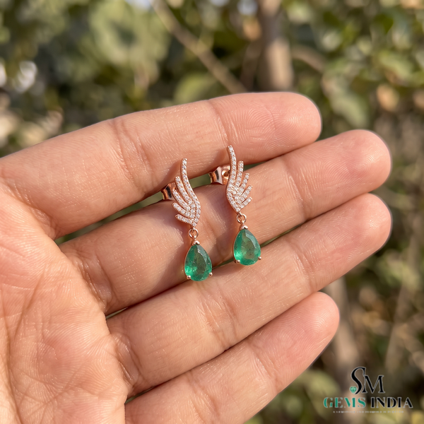 Pear shape Natural Emerald Wing Drop Earrings with Diamond Accents in 14k Gold