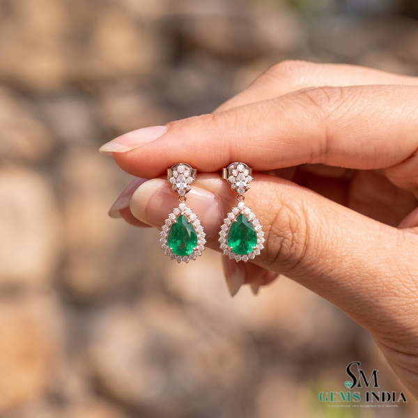 Exquisite Pear Cut Natural Emerald Dangle Earrings with Diamond Halo for Special Occasions
