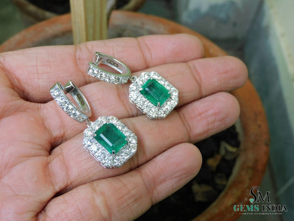 8 carat Vintage Style Natural Emerald-Cut Emerald Earrings with Diamond Halo Drop Earrings in 14K White Gold