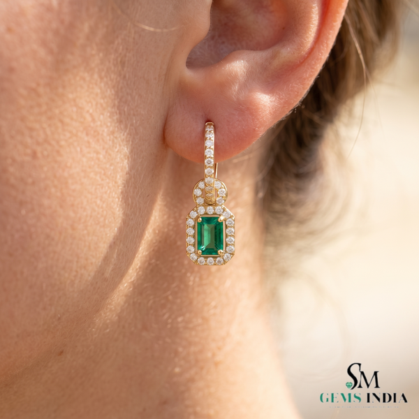 Elegant Emerald cut Natural Emerald Halo Drop Earrings in 14K Yellow Gold Geometric Design