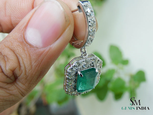 8 carat Vintage Style Natural Emerald-Cut Emerald Earrings with Diamond Halo Drop Earrings in 14K White Gold