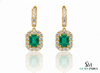 8 carat Vintage Style Natural Emerald-Cut Emerald Earrings with Diamond Halo Drop Earrings in 14K White Gold