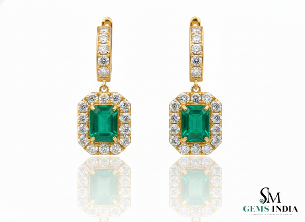8 carat Vintage Style Natural Emerald-Cut Emerald Earrings with Diamond Halo Drop Earrings in 14K White Gold