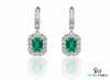 8 carat Vintage Style Natural Emerald-Cut Emerald Earrings with Diamond Halo Drop Earrings in 14K White Gold