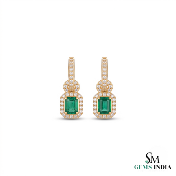 Elegant Emerald cut Natural Emerald Halo Drop Earrings in 14K Yellow Gold Geometric Design