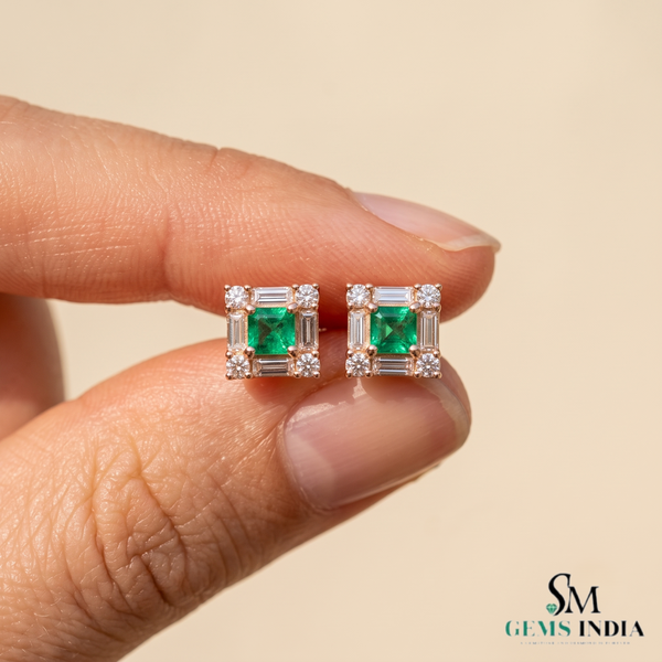 Square shape Natural Emerald Halo Studs with Diamond Accents – Fine Gold Earrings