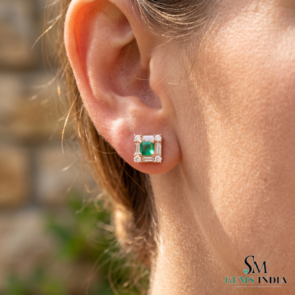 Square shape Natural Emerald Halo Studs with Diamond Accents – Fine Gold Earrings