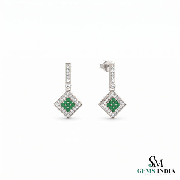 1.10 carat Round Natural Emerald Cluster Earrings with Diamond Halo Gold Contemporary Square Design