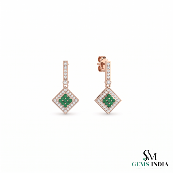 1.10 carat Round Natural Emerald Cluster Earrings with Diamond Halo Gold Contemporary Square Design