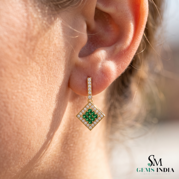 1.10 carat Round Natural Emerald Cluster Earrings with Diamond Halo Gold Contemporary Square Design