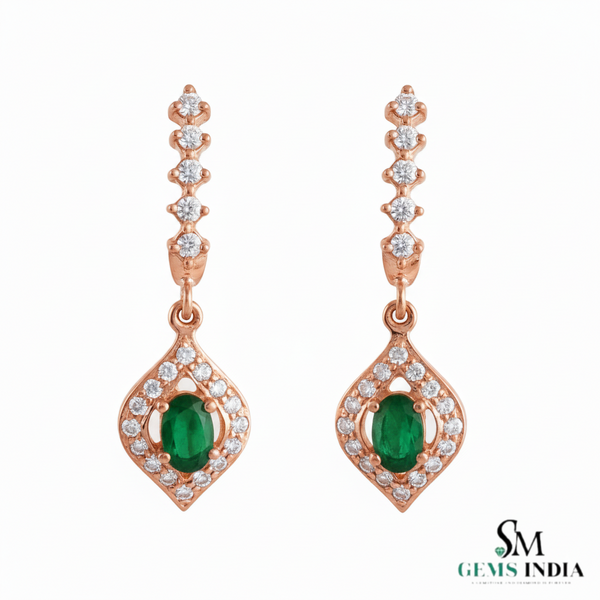 Oval Green Gemstone Dangle in 14K Gold 1.70 carat Natural Emerald and Diamond Halo Drop Earrings