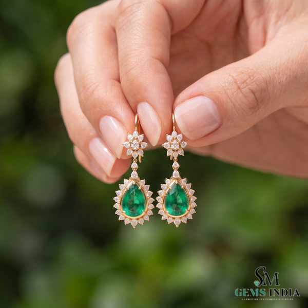 2.70 Carat Pear-Shaped Natural Emerald Tear Drop Earrings with Diamond Halo Dangle Earrings