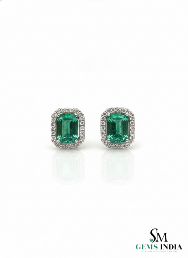 4.40 carat Timeless Green Gem Elegance Emerald Cut Green Emerald Halo Stud Earrings