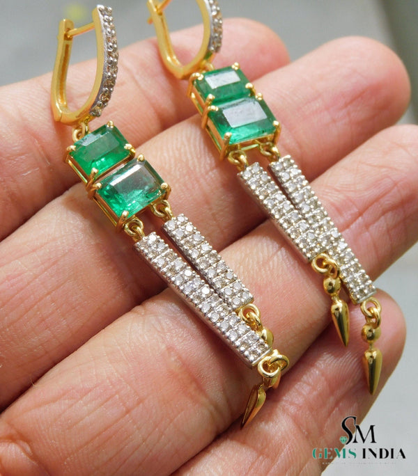 4.30 carat Emerald cut Emerald Natural Emerald And Diamond Dangle Earrings in 14k Gold