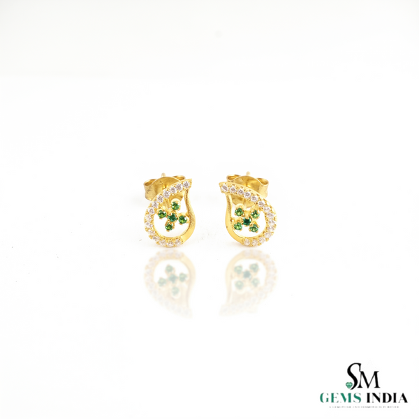 Teardrop Stud Earrings with Round Natural Emerald Cluster &amp; Diamonds in Gold Unique Gift for her
