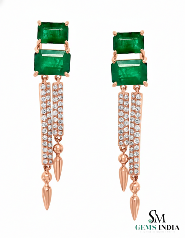 4.30 carat Emerald cut Emerald Natural Emerald And Diamond Dangle Earrings in 14k Gold