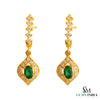 Oval Green Gemstone Dangle in 14K Gold 1.70 carat Natural Emerald and Diamond Halo Drop Earrings