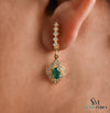 Oval Green Gemstone Dangle in 14K Gold 1.70 carat Natural Emerald and Diamond Halo Drop Earrings