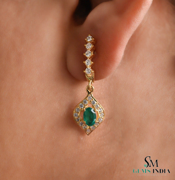 Oval Green Gemstone Dangle in 14K Gold 1.70 carat Natural Emerald and Diamond Halo Drop Earrings