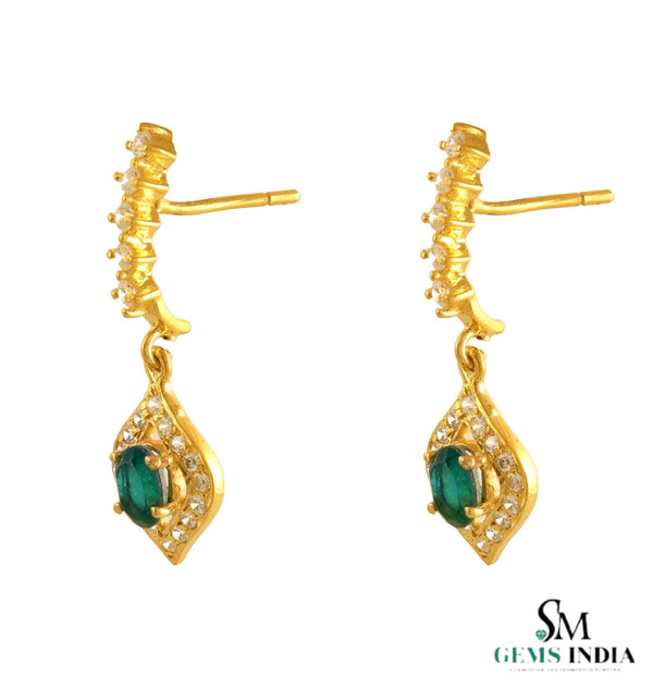 Oval Green Gemstone Dangle in 14K Gold 1.70 carat Natural Emerald and Diamond Halo Drop Earrings
