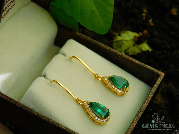 Luxurious 6 carat Pear shape Natural Emerald and Diamond Teardrop DangleEarrings in 14K Gold