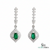 Oval Green Gemstone Dangle in 14K Gold 1.70 carat Natural Emerald and Diamond Halo Drop Earrings