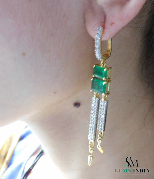 4.30 carat Emerald cut Emerald Natural Emerald And Diamond Dangle Earrings in 14k Gold